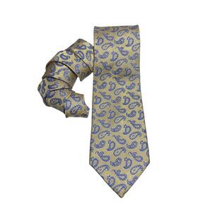 Paul Fredrick 100% Silk Necktie Tie Iridescent Gold Blue Paisley Hand Tailored
